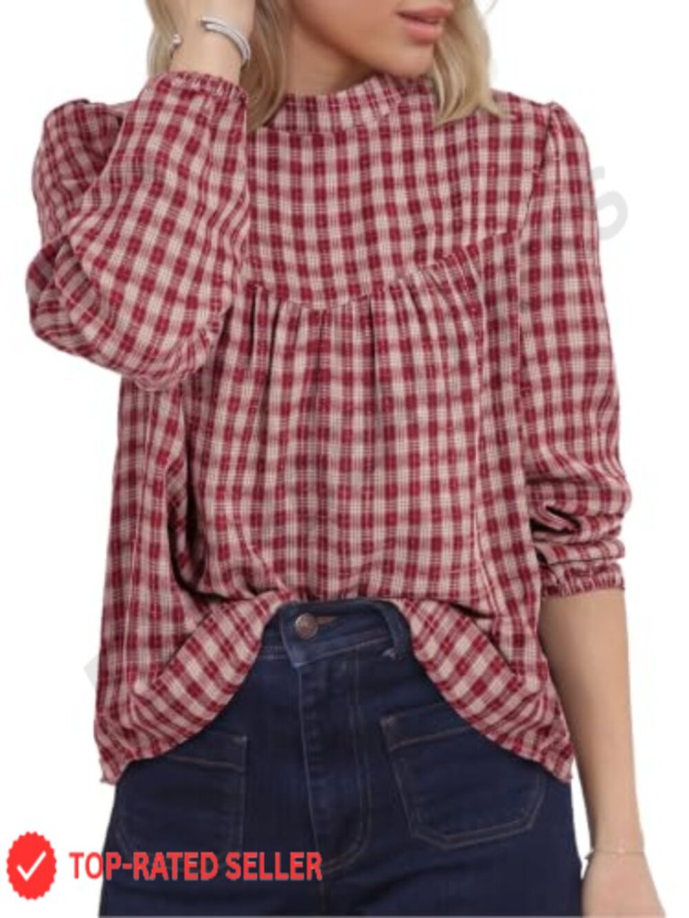 Puff Long Sleeve Flowy Empire Waist Gingham Babydoll Blouse